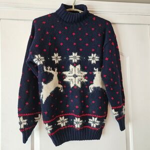 Vtg Studio Michelle Stuart Hand Knit Sweater Size M Mohair Navy Blue Reindeer